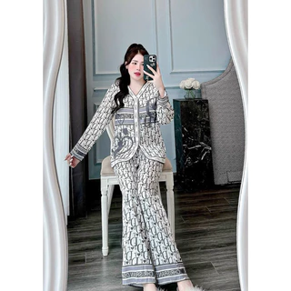 Đồ bộ nữ pijama mặc nhà cổ chữ Y tay dài l chanh xả .Chất lụa xước ánh kim. Free size từ 40-60kg