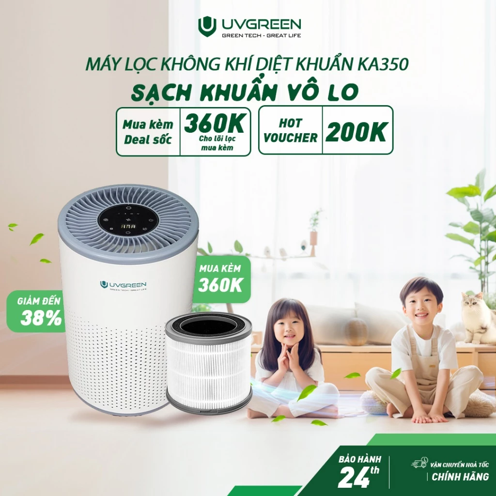 Máy Lọc Không Khí Diệt Khuẩn UVGREEN KA350 40m2 - UVC LED, Lõi Lọc HEPA H13 Lọc Sạch Bụi Mịn, Mùi, Khói, Bảo Hành 24T