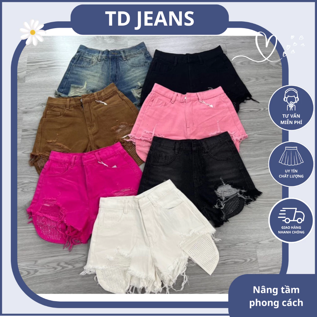 Quần Short Jeans Nữ TD Quần Bò Nữ Lưng Cao Túi Dài Ép Cườm Đủ Màu Chất Vải Dày Dặn (Mẫu Mới)