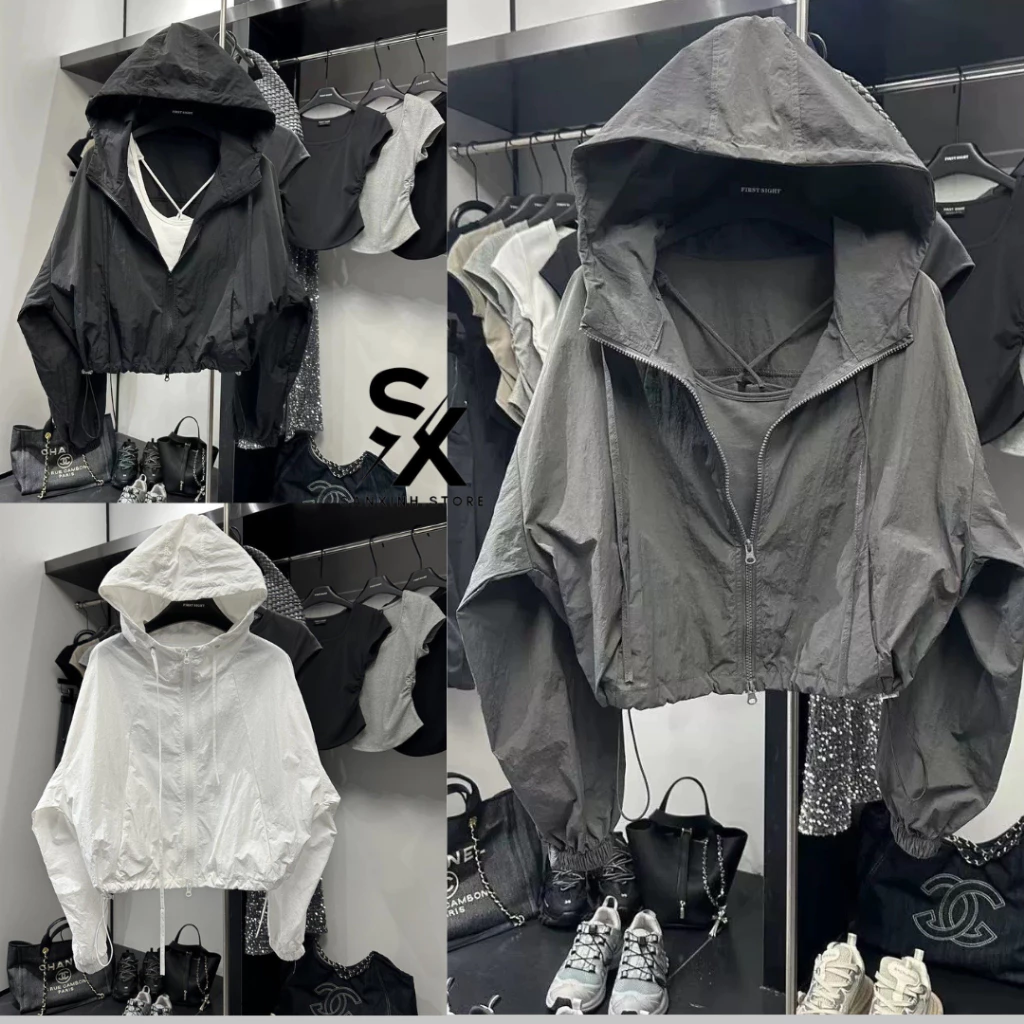 Áo Khoác Gió Croptop Trơn Cho Nữ Tay dài Có Khóa Kéo Và Mũ Chất Liệu Gío Nhăn Phong Cách Basic Thể Thao Năng Động 2024