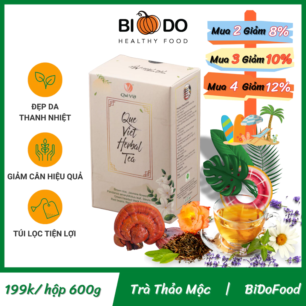 Trà Thảo Mộc Giảm Cân Quê Việt Túi Lọc 600g - Bí Đỏ Food - Trà Thải Mỡ Đẹp Da Thanh Nhiệt