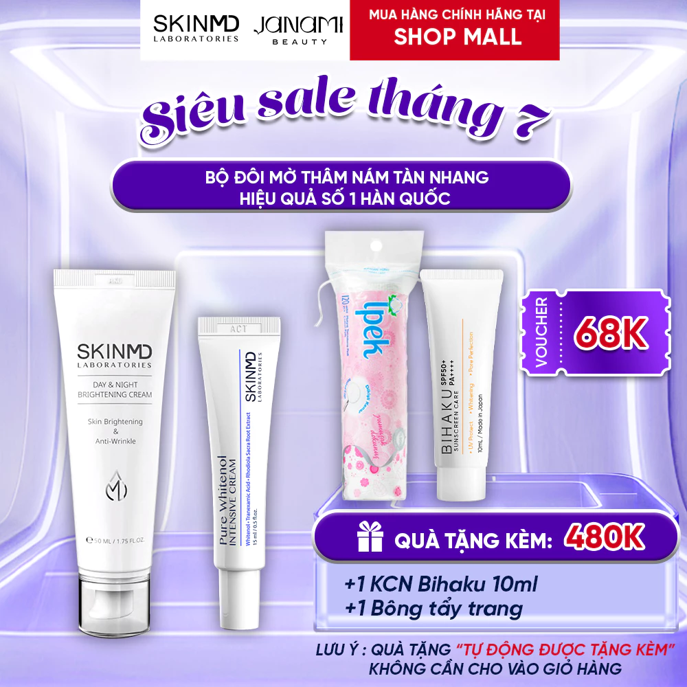 Bộ đôi mờ nám đốm, ngăn ngừa sắc tố đậm melanin và dưỡng da sáng đều màu Skinmd cream 15ml + brightening