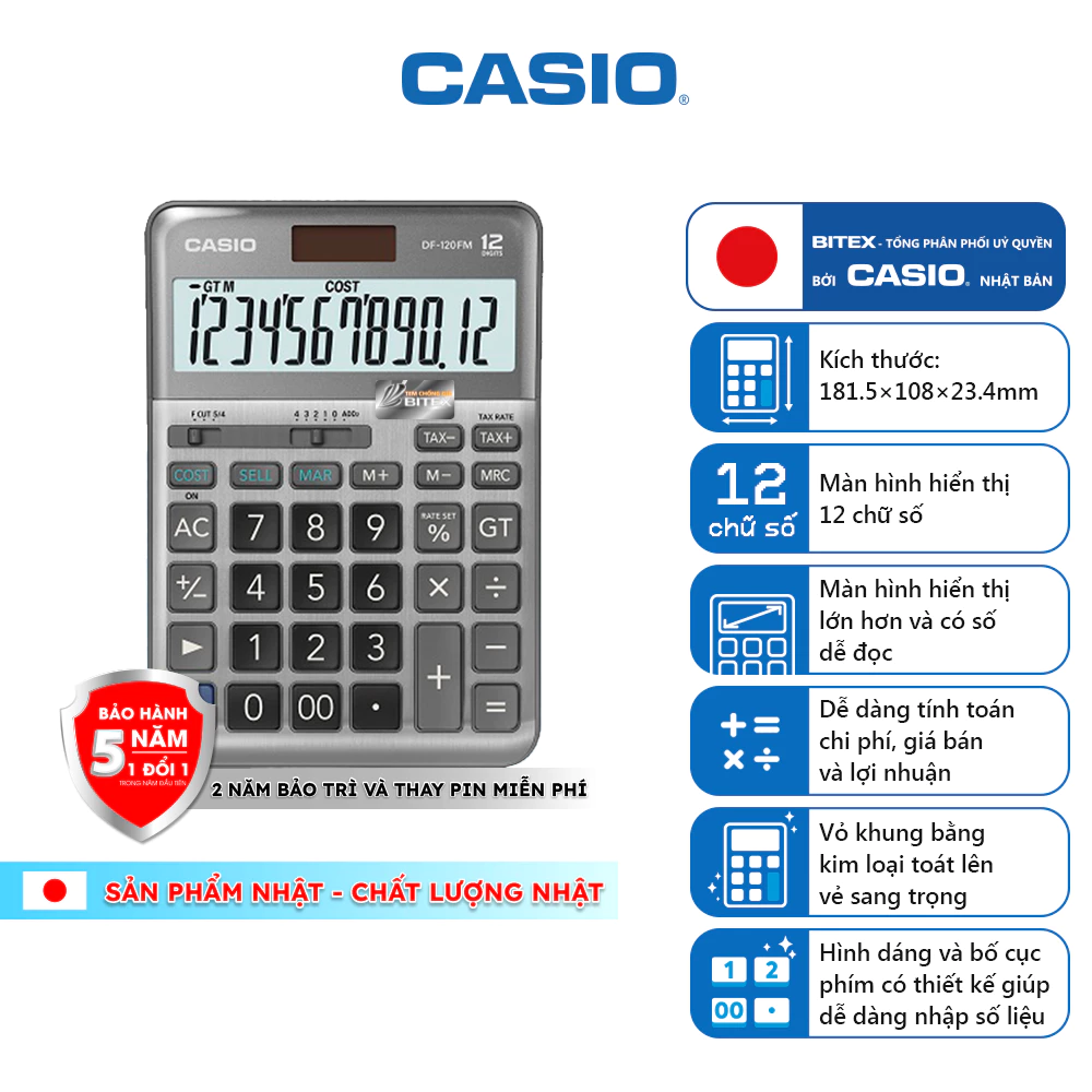 Máy Tính Casio DF-120FM Màn Hình Lớn - Bề Mặt Hợp Kim, Phím COST/SELL/MARGIN Cực Nhanh Cho Thu Ngân