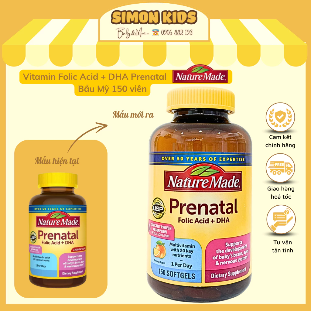 [Date 2026] Vitamin Tổng Hợp + DHA Prenatal Bầu Mỹ Nature Made Prenatal Folic Acid + DHA 150 Viên - Mẫu mới