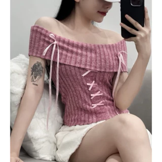 Áo Kiểu Trễ Vai Đính Nơ PINKSTORE29 Phong Cách Coquette A51092