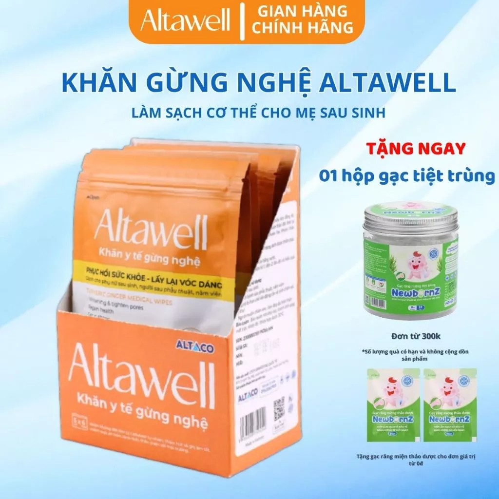 Altawell Khăn Gừng Nghệ Giúp Vệ SInh Khử Mùi Cơ Thể Phòng Cảm Lạnh Sau Sinh Cho Mẹ Bầu (1 hộp 30 cái)