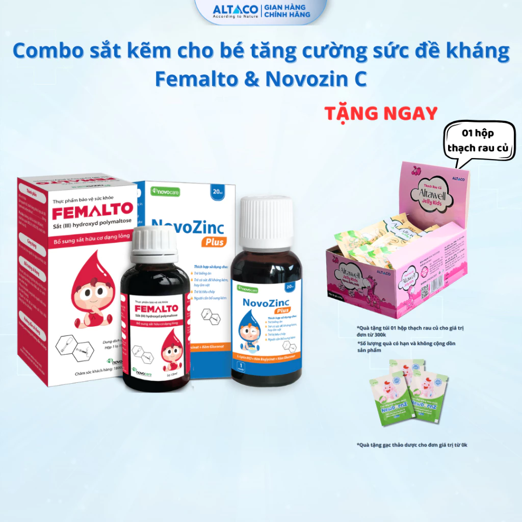 Combo sắt kẽm hữu cơ Femalto Novozinc cho bé ăn ngon, tư duy logic, tăng đề kháng (Femalto 30ml)