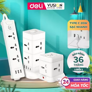 [VOUCHER 20K] Ổ Cắm Điện DELI Có Cổng TypeC USB Đa Năng Công Suất 2500W Có Cầu Chì Chống Giật - Cháy