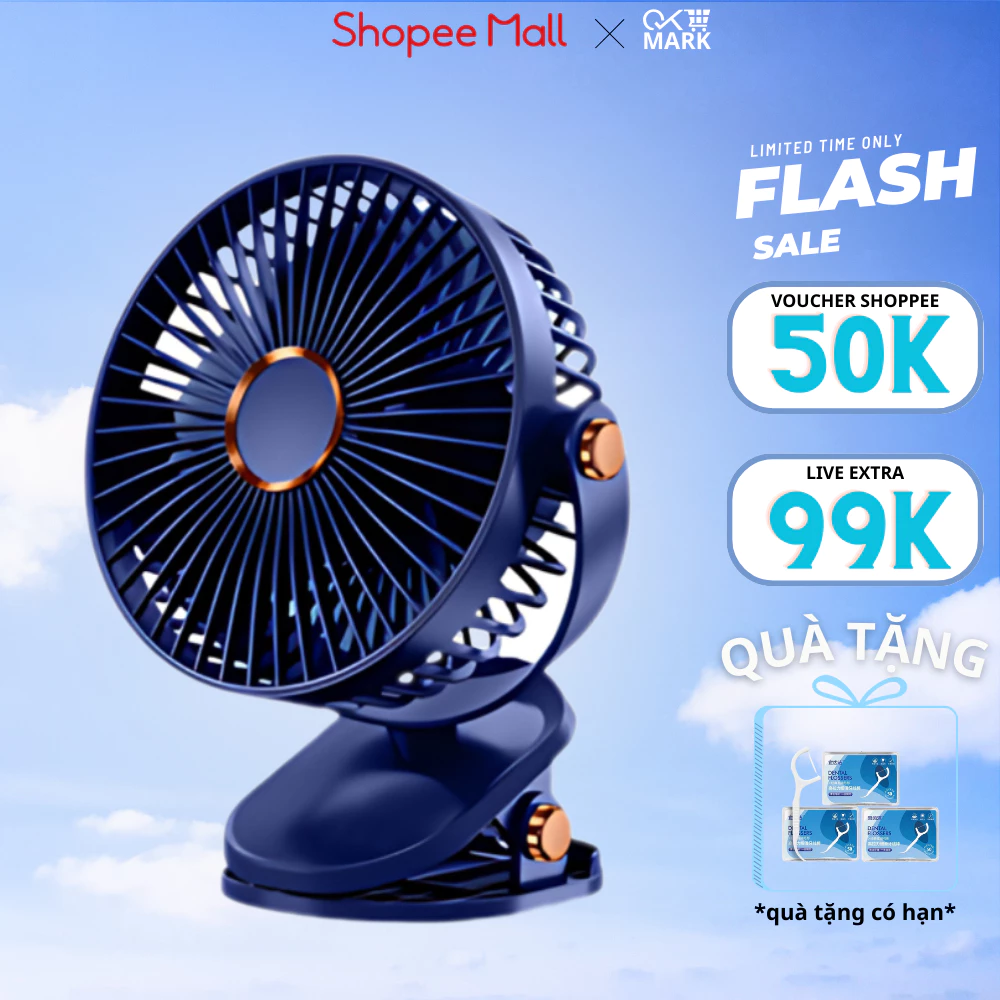 ( Loại 1)  Quạt tích điện kẹp bàn mini để bàn 5 mức độ có đèn led pin 5000 MHA Và 10000 MHA cao cấp