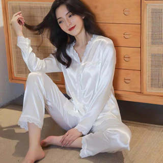 Bộ Ngủ Lụa, Bộ Mặc Nhà Pyjama Lụa Ren Tiểu Thư Dài Tay