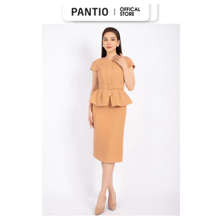 BAK72656 - Áo kiểu công sở vải thô dáng peplum cổ tròn vai liền kèm đai - PANTIO