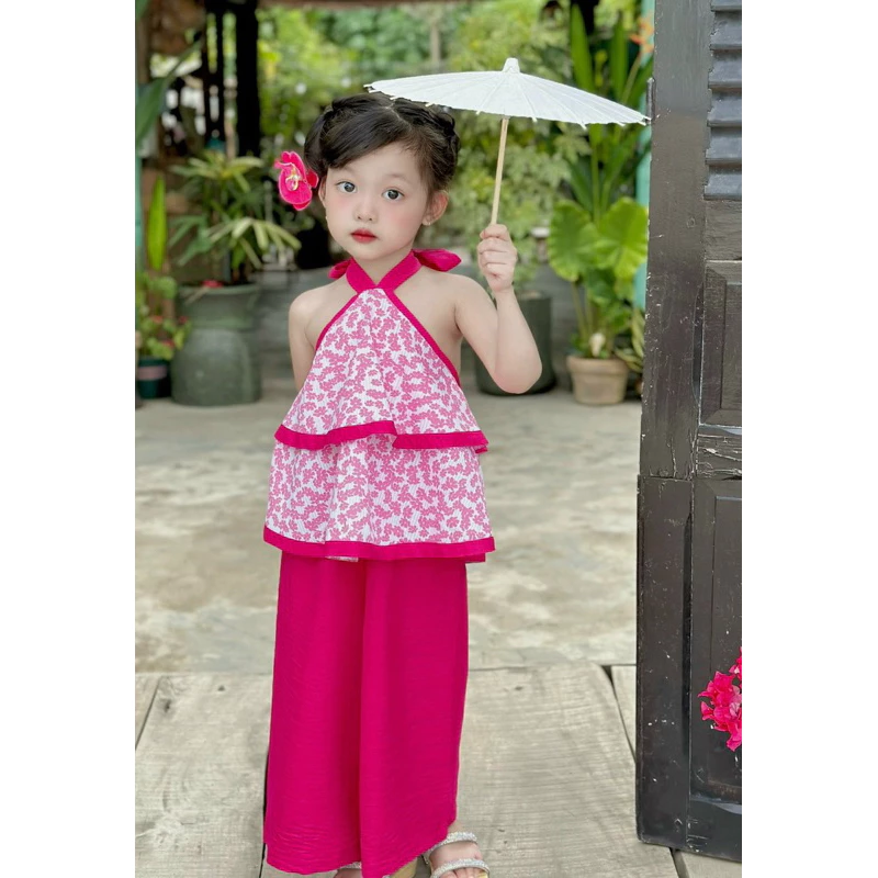 ( Ảnh Thật ) [11kg-32Kg]Set Yếm hồng quần suông SẮC XUÂN / TẾT Bé Gái Trẻ Em