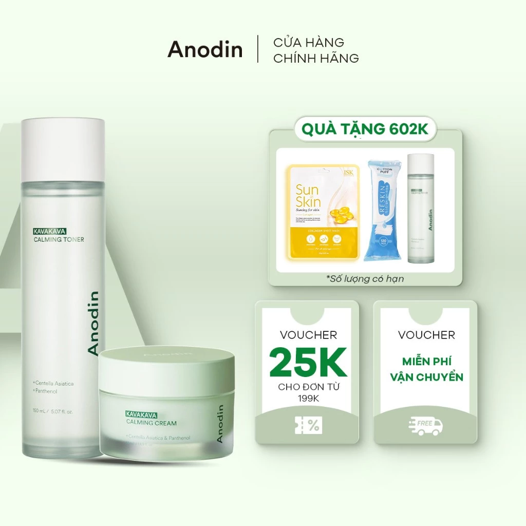 Combo làm dịu cho da dầu mụn, da Anodin Kavakava Calming (Toner + Cream)