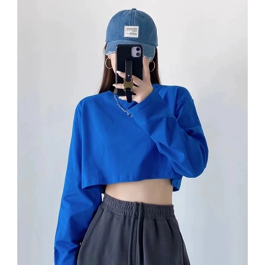 ÁO THUN CROPTOP TAY DÀI TRƠN FORM RỘNG CHẤT COTTON DỄ PHỐI ĐỒ