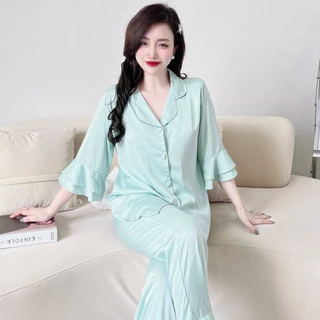 Đồ Bộ Mặc Nhà Nhistore Sét Quần Áo Tiểu Thư Dễ Thương Pijama Cao Cấp Lụa Latin Mềm Mát Quần Dài Lưng Thun 57Kg