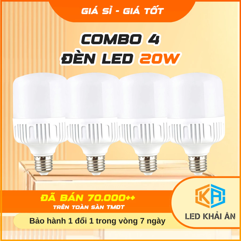 Combo 4 Bóng Đèn Led 20W Cao Cấp Khải Ân Siêu Sáng Tiết Kiệm Điện, Bộ 4 Bóng Điện Led 20W Độ Bền Cao