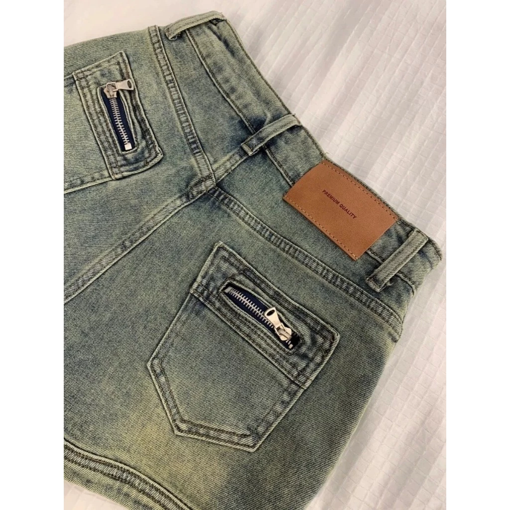 Quần Short Jeans Nữ, Quần Đùi Nữ Màu Vàng Xanh Chất Liệu Denim Phối Túi Sau Phong Cách