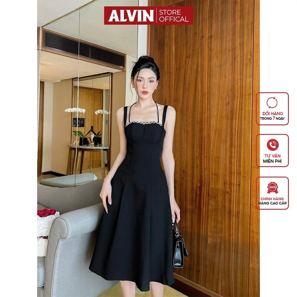 Đầm Dự Tiệc Dáng Xòe Cúp Hai Dây Đính Đá Alvin Store 1603