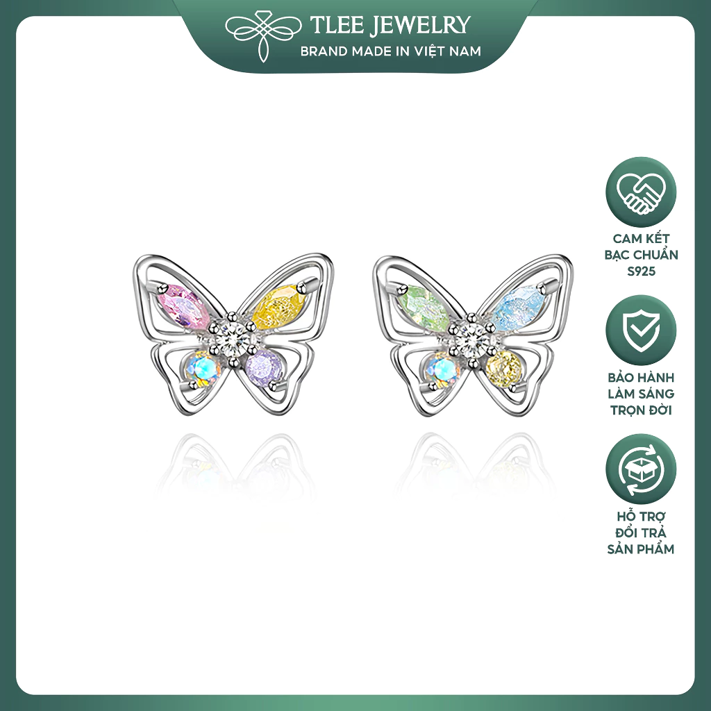 Khuyên tai bạc nữ TLEE mẫu cánh bướm đính đá ngũ sắc xinh xắn bạc cao cấp TLEE JEWELRY B0230