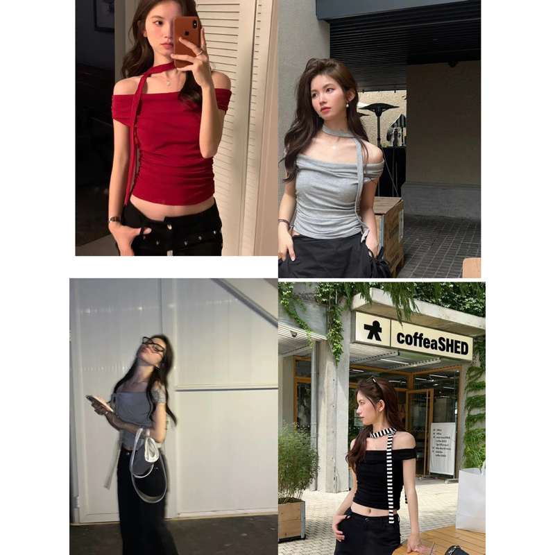 Áo Kiểu Nữ Trễ Vai Dáng Ôm Kèm Dây Cổ, Áo Nữ Trệt Vai Tiểu Thư Mix Dây