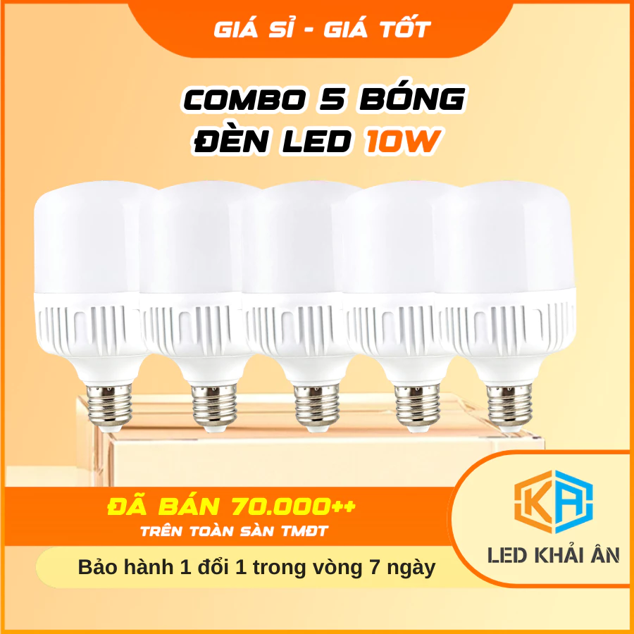 Bộ 5 Bóng Đèn Led 10W Khải Ân, Siêu Sáng, Tiết Kiệm Điện, Bộ 5 Bóng Điện Led 10W, Chiếu Sáng, Độ Bền Cao, Led Bulb