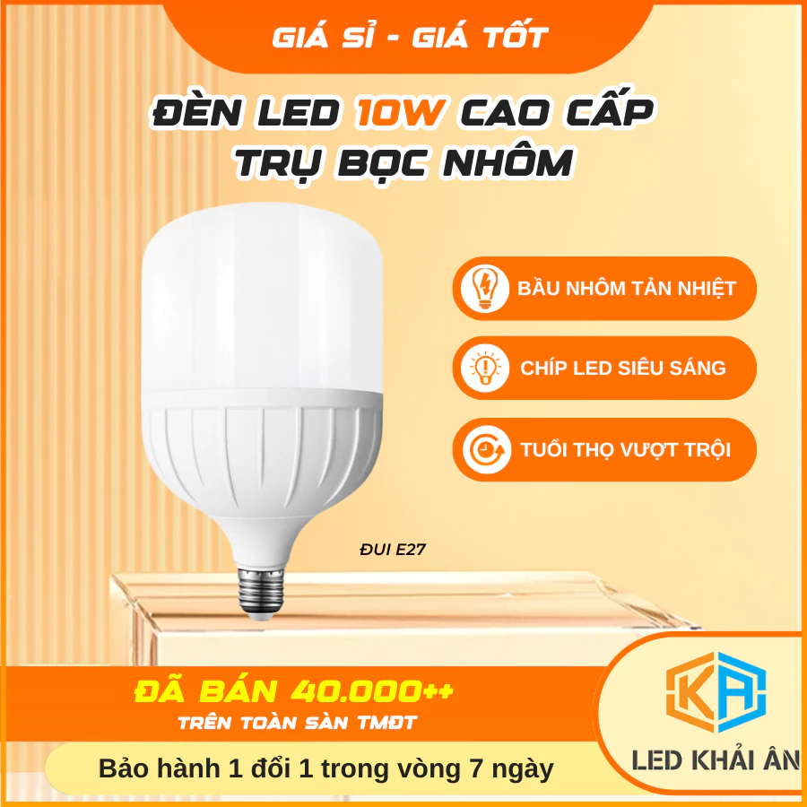 Bộ Bóng Đèn Led Bulb Trụ Nhựa Bọc Nhôm 10W Đui E27 Khải Ân Tiết Kiệm Điện - Bóng Điện Led Trụ 10W Led Bulb