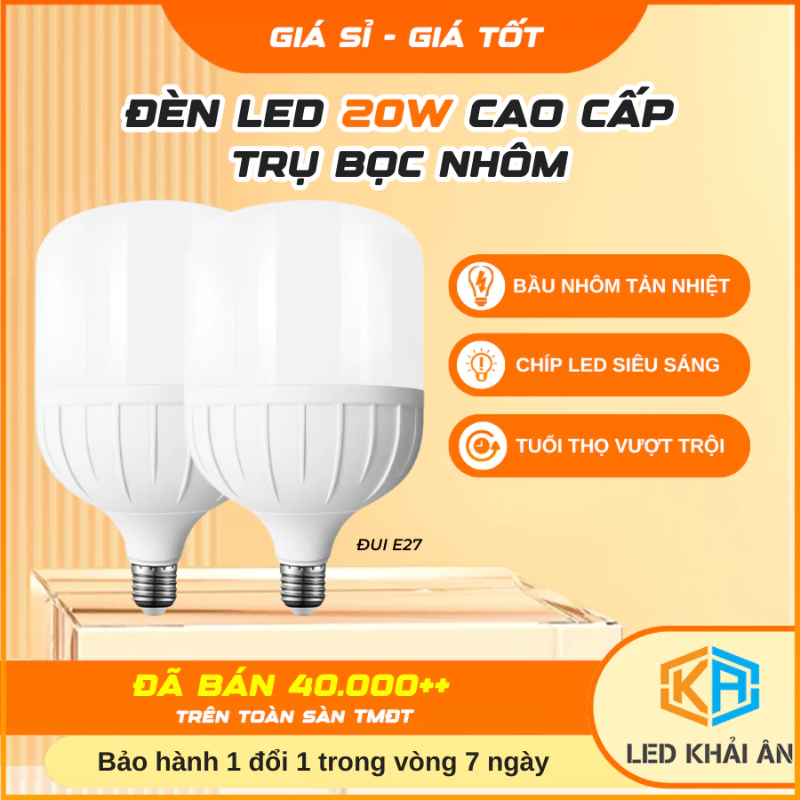 Bóng Đèn Led Bulb Trụ Nhựa Bọc Nhôm 20W E27 Khải Ân Tiết Kiệm Điện, Bóng Điện Led Trụ 20W Công Suất Cao An Toàn