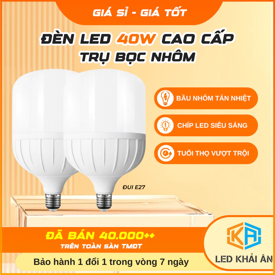 Bóng Đèn Led Bulb Trụ Nhựa Bọc Nhôm 40W Đui E27 Khải Ân Siêu Sáng Tiết Kiệm Điện, Bóng Điện Led Trụ 40W