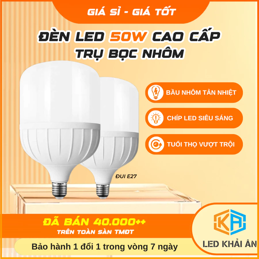 Bóng Đèn Led Bulb Trụ Nhựa Bọc Nhôm 50W Đui E27 Khải Ân Tiết Kiệm Điện, Bóng Điện Led Trụ 50W Công Suất Cao An Toàn