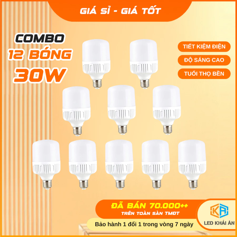 Combo 12 Bóng Đèn Led 30W Khải Ân Cao Cấp Siêu Sáng Tiết Kiệm Điện, Bộ 12 Bóng Điện Led 30W Độ Bền Cao