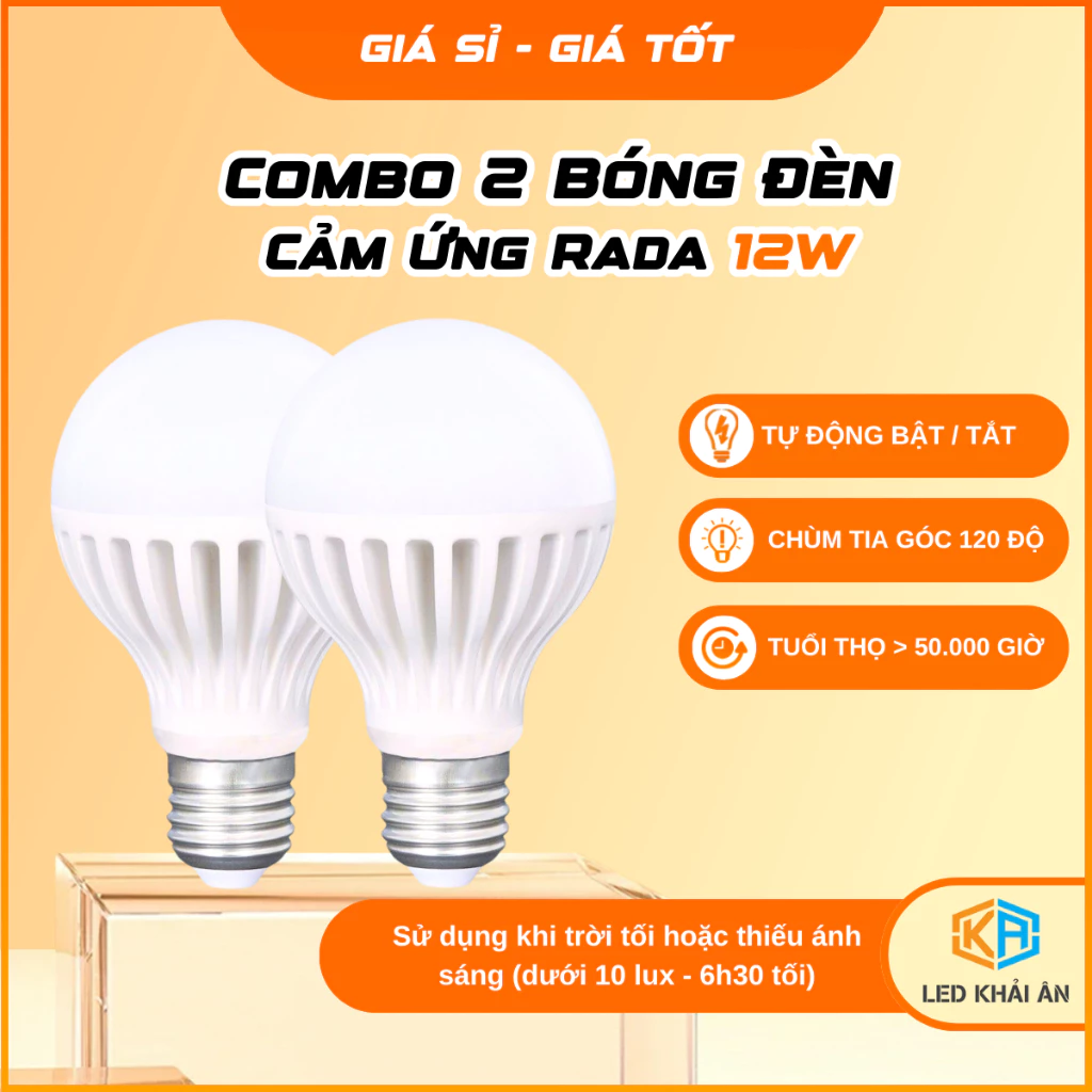 Combo 2 Bóng Đèn Cảm Ứng Rada 12W Khải Ân, Bộ 2 Bóng Đèn Cảm Biến Chuyển Động Thông Minh, Chính Hãng Siêu Bền