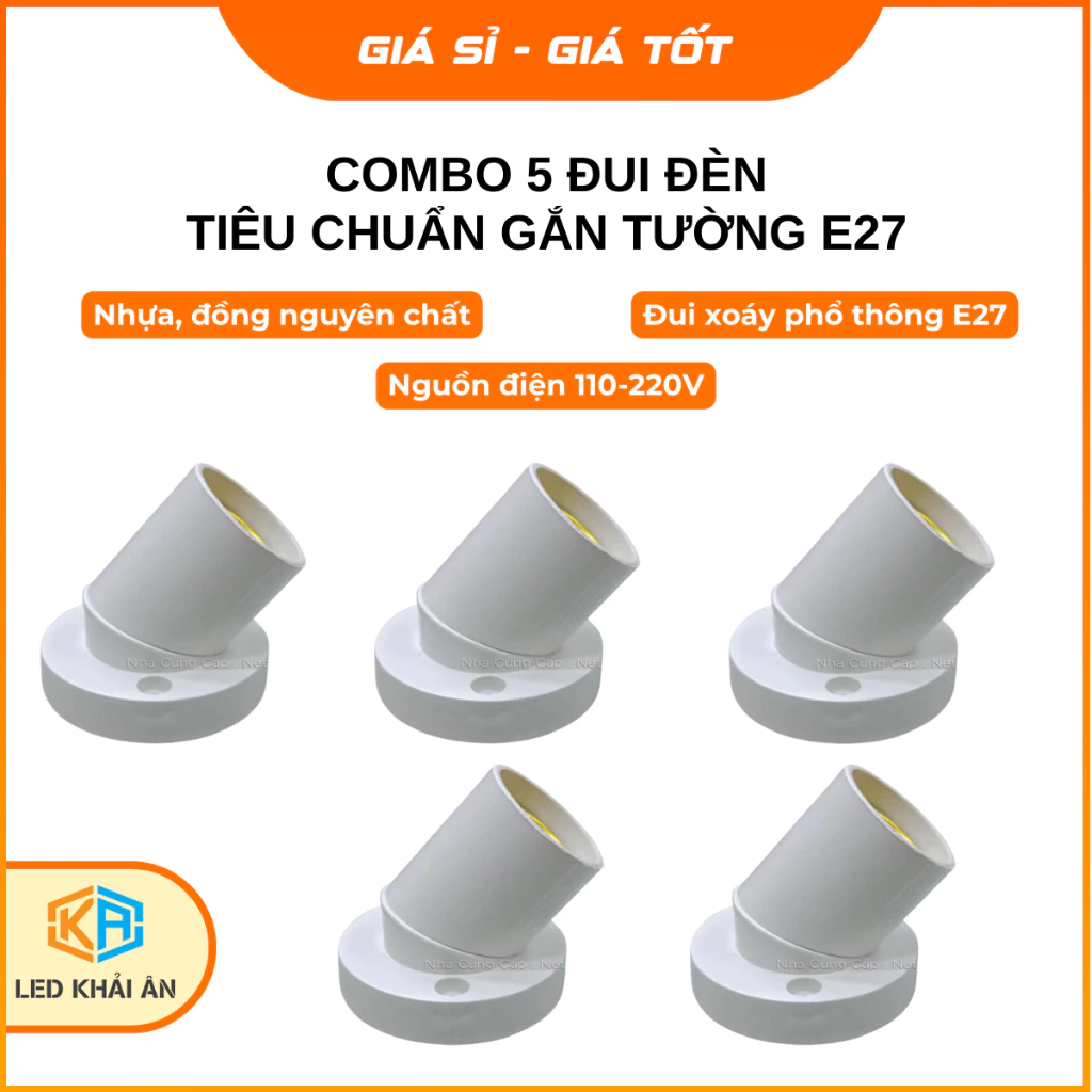 Combo 5 Đui Đèn Tiêu Chuẩn gắn tường E27 Khải Ân, Bộ 2 Chuôi Đèn Gắn Tường Siêu Bền Chống Cháy 110-220V