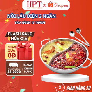 Nồi lẩu 2 ngăn inox 32cm nấu được bếp từ và bếp ga có nắp kính hàng chính hãng chất lượng cao