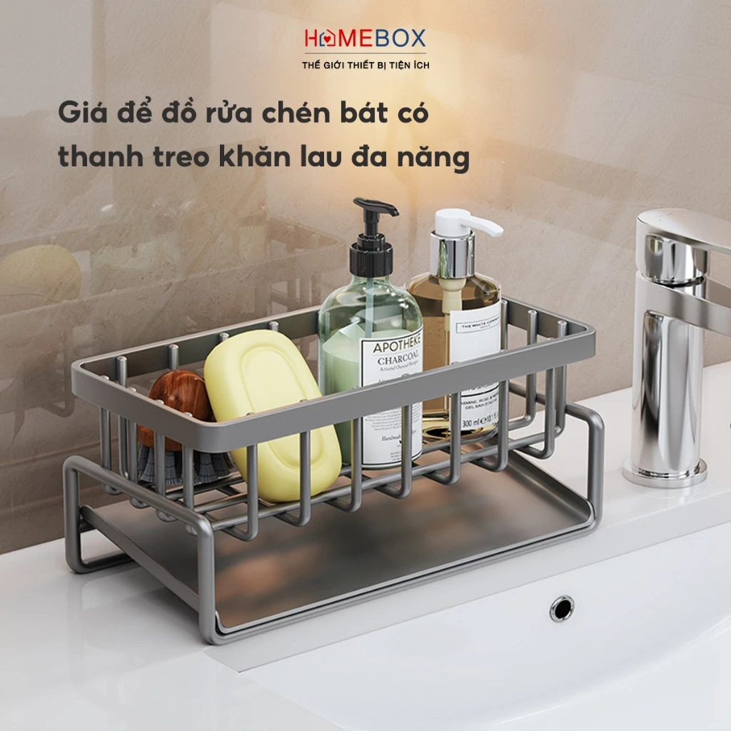 Giá Để Đồ Rửa Chén Bát Thép Không Gỉ, Kệ Đựng Đồ Bồn Rửa Bát Tiện Lợi Kèm Khay Hứng Nước Treo Khăn