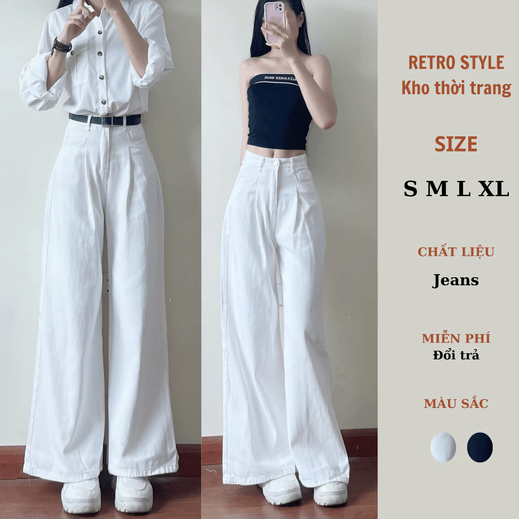 Quần jeans nữ xếp ly trước ống suông rộng - Retrostyle