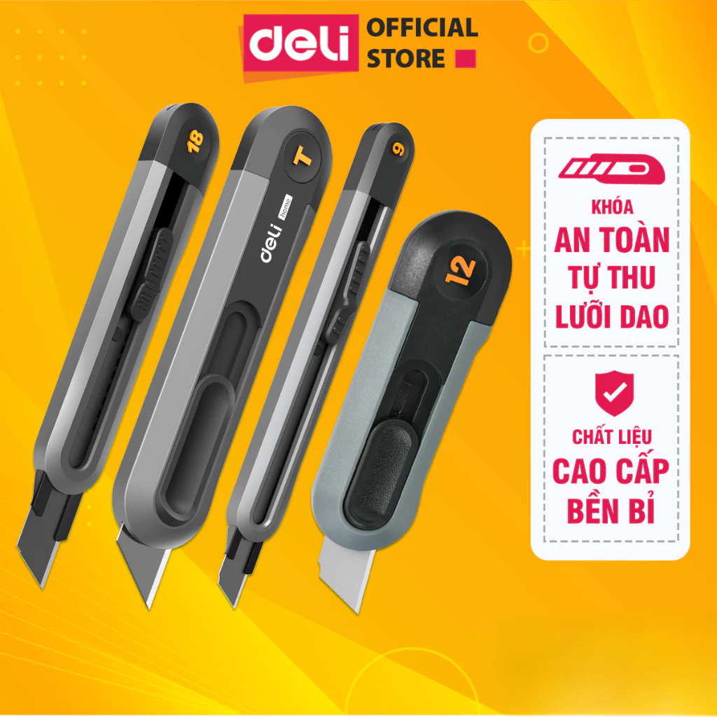 Set Dao Rọc Giấy Deli Cao Cấp Lưỡi Thép Không Gỉ SK5, Bao Gồm Dao Rọc Mini Bỏ Túi Chất Liệu Kim Loại