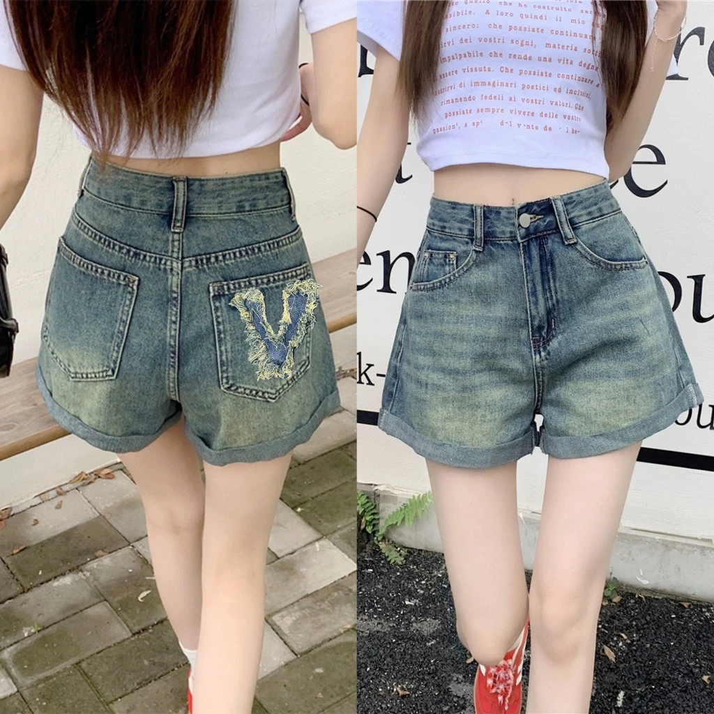 Thời Trang BigSize- Quần Short Jean Nữ Phom Rộng Xăn Lai, Phối Túi Thêu Chữ V HotTrend 0120 Denim