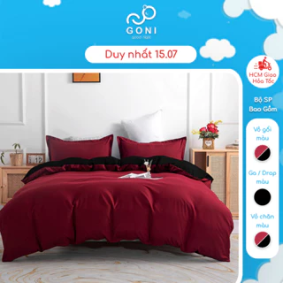 Bộ chăn mền ga gối GONI Tici màu Đỏ Mận Đen - Ga drap giường bo chun cao 4-25cm kích thước 1m, 1m2 ,1m4, 1m6, 1m8, 2m2
