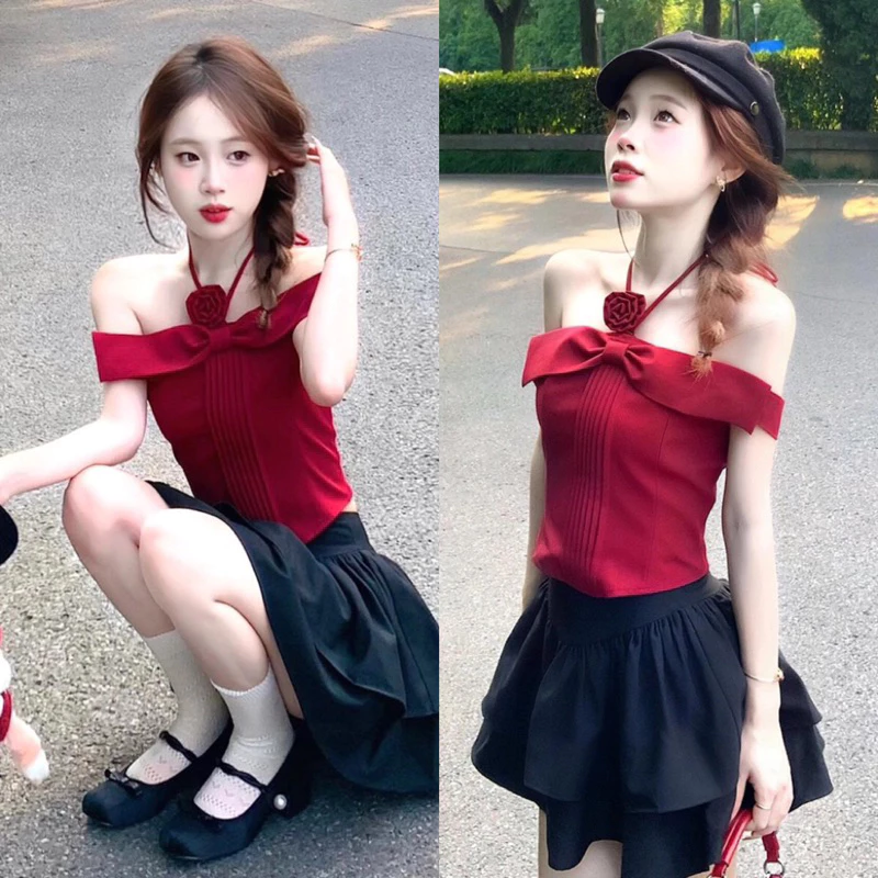 Set Áo Trễ Vai Đỏ Jocker Hoa Mix Chân Váy Đen Xoè Tầng Form Ngắn (Hình Thật) Set Áo Mix Chân Váy Xinh Xắn