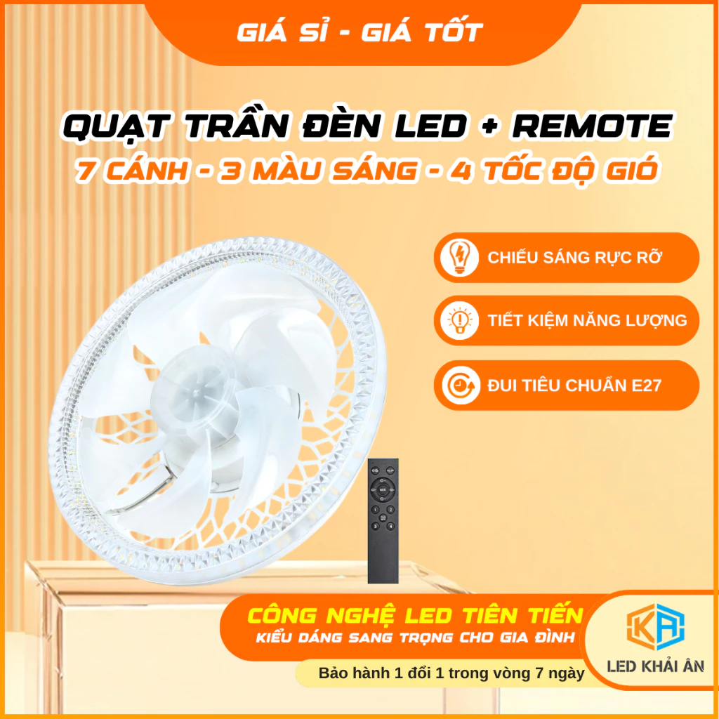 [Tặng đui] Quạt Trần Đèn LED Chiếu Sáng Có Điều Khiển Từ Xa 7 Cánh Quạt 3 Màu, 4 Tốc Độ Gió - Bảo Hàng Chính Hãng