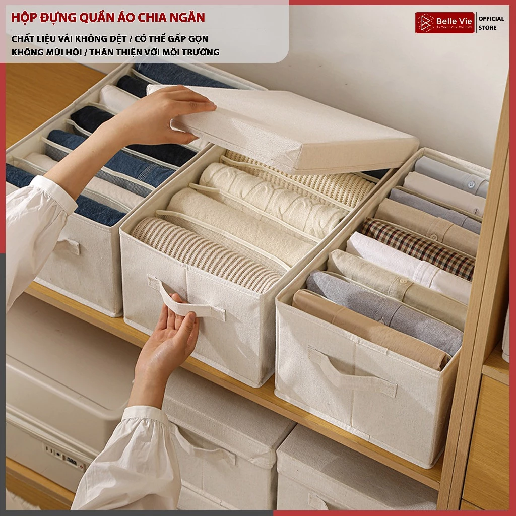 Hộp Vải Đựng Quần Áo  BELLEVIE Hộp Vải Chia Ngăn Đựng Quần Jeans Áo Sơ Mi Áo Thun Đồ Lót Gấp Gọn Tiện Lợi Hàng VNXK