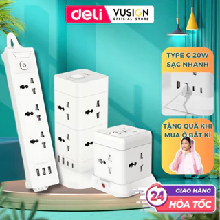 [VOUCHER 20K] Ổ Cắm Điện DELI Có Cổng TypeC USB Đa Năng Công Suất 2500W Có Cầu Chì Chống Giật - Cháy