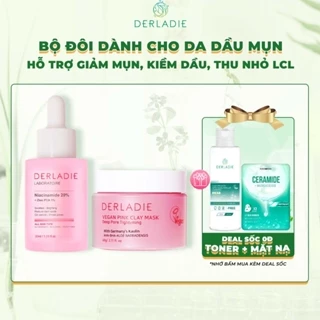 Bộ Đôi Kiềm Dầu, Ngừa Mụn, Thu Nhỏ LCL Serum Niacinamide 20% 30ml, Mặt Nạ Đất Sét Derladie Vegan Pink Clay Mask