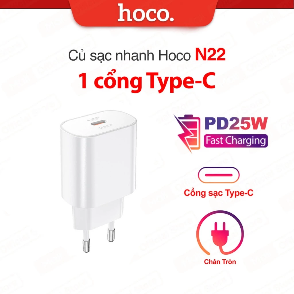 Củ sạc nhanh PD25W Hoco N22 1 cổng Type-C chất liệu cao cấp chống cháy, chân tròn