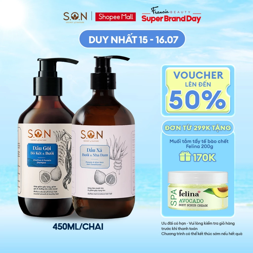 BỘ ĐÔI DẦU GỘI BỒ KẾT & BƯỞI S.O.N 450ML GIẢM GÃY RỤNG, GIẢM GÀU NGỨA VÀ DẦU XẢ BƯỞI & NHA ĐAM 450ML DƯỠNG TÓC MỀM MƯỢT