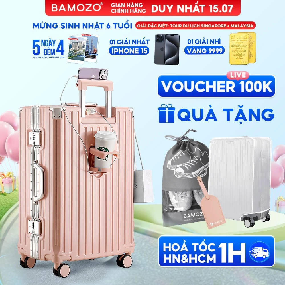 Vali khung nhôm khóa sập Bamozo 9066 size 20/24 inch cao cấp bịt 4 góc kim loại chống va đập bảo hành 5 năm