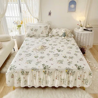 Bộ ga gối cotton phủ bèo nhập khẩu, thảm trải giường phủ bèo cotton mềm mát kèm 2 vỏ gối cùng mầu