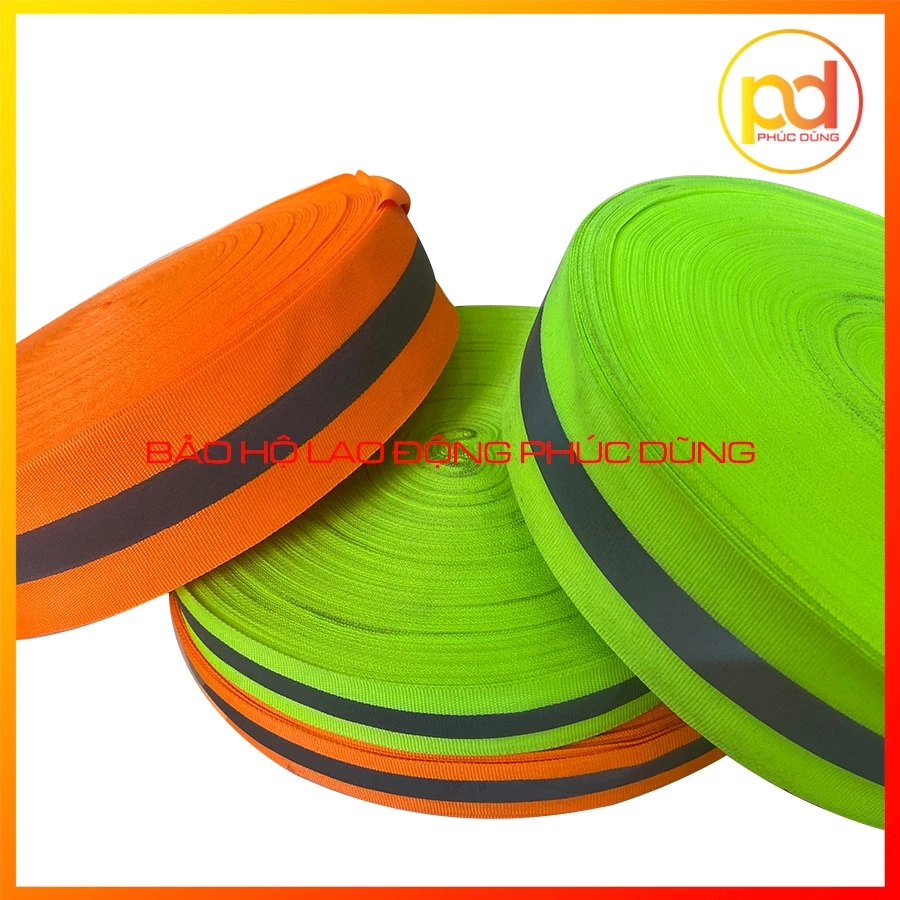 Cuộn dây phản quang 100m phát sáng may áo màu xanh chuối và cam sọc bạc - loại 2,5 cm hoặc 5cm - Có bán lẻ theo m