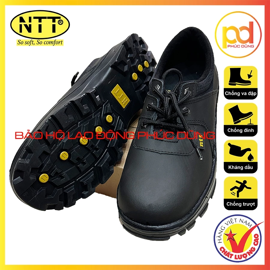 Giày bảo hộ lao động nam siêu nhẹ da thật 100% giá rẻ NTT D01 đế vàng chỉ vàng, mũi thép lót thép đế cao su êm chân