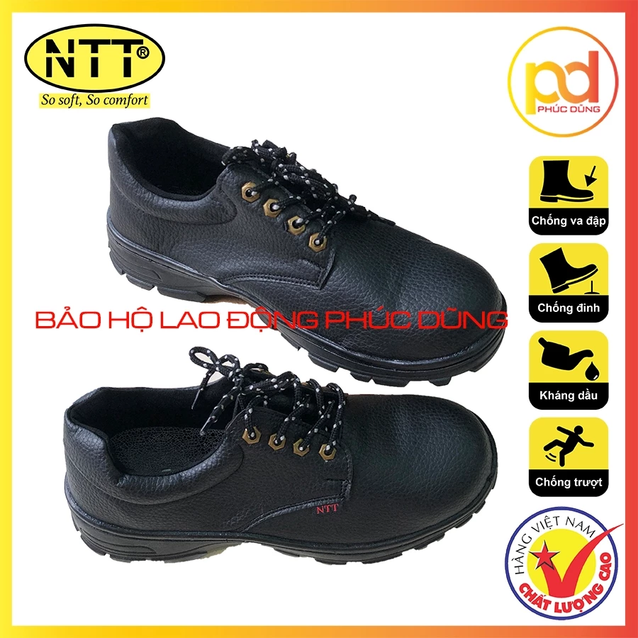 Giày bảo hộ lao động nam giá rẻ chính hãng NTT P01 chỉ đen siêu nhẹ chống đinh, đế thép váng da thật cao cấp êm chân